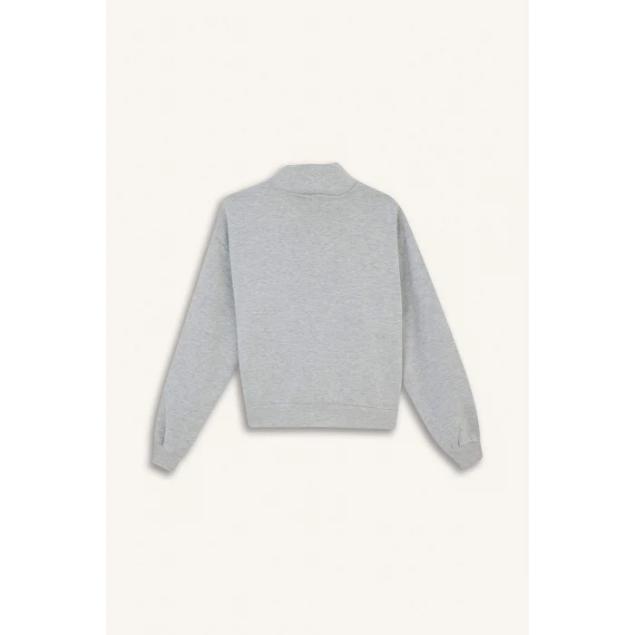 Defacto E9507AXGR93 Gri Relax Fit Yarım Balıkçı Yaka Baskılı Kalın Fermuarlı Sweatshirt