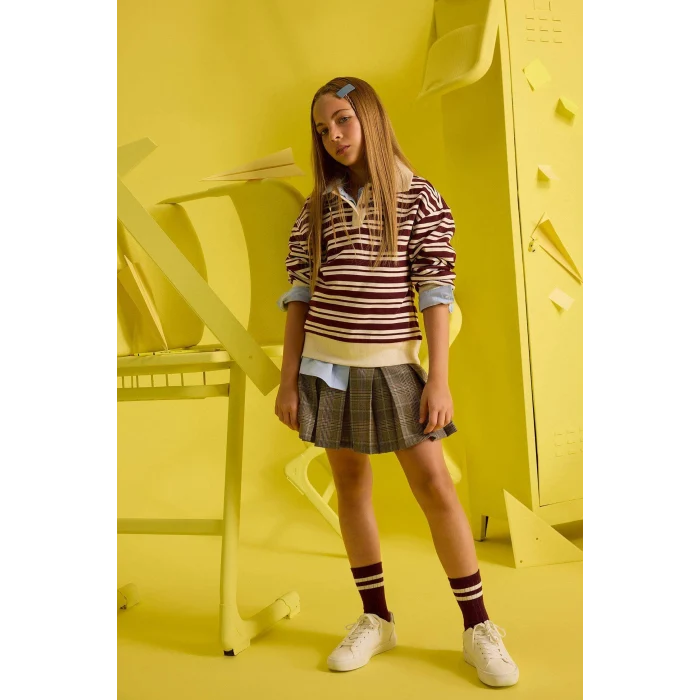 Defacto F8399A8BR194 Bordo Kız Çocuk Relax Fit Polo Yaka Çizgili Uzun Kollu Okul Tişörtü