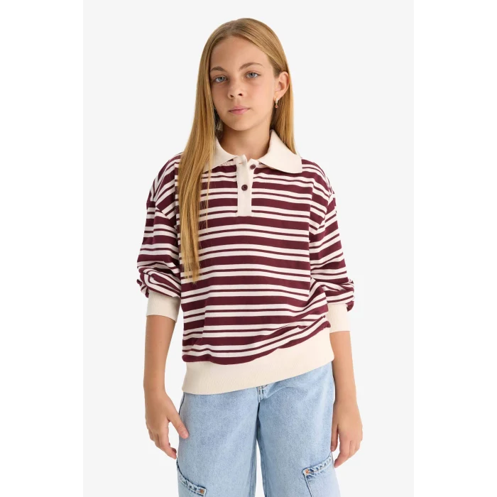 Defacto F8399A8BR194 Bordo Kız Çocuk Relax Fit Polo Yaka Çizgili Uzun Kollu Okul Tişörtü