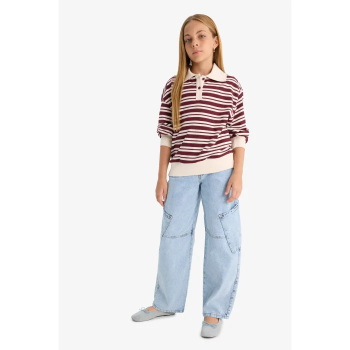 Defacto F8399A8BR194 Bordo Kız Çocuk Relax Fit Polo Yaka Çizgili Uzun Kollu Okul Tişörtü