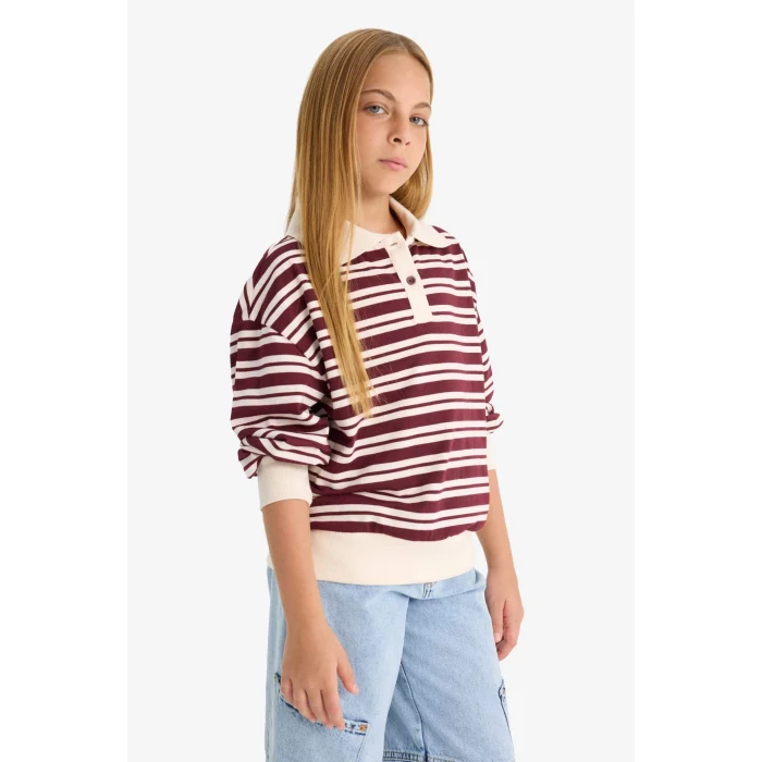 Defacto F8399A8BR194 Bordo Kız Çocuk Relax Fit Polo Yaka Çizgili Uzun Kollu Okul Tişörtü