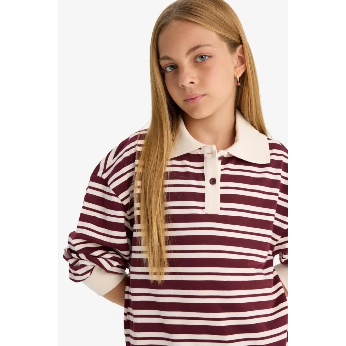 Defacto F8399A8BR194 Bordo Kız Çocuk Relax Fit Polo Yaka Çizgili Uzun Kollu Okul Tişörtü