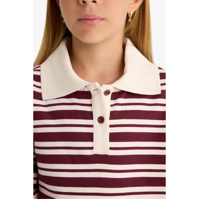 Defacto F8399A8BR194 Bordo Kız Çocuk Relax Fit Polo Yaka Çizgili Uzun Kollu Okul Tişörtü