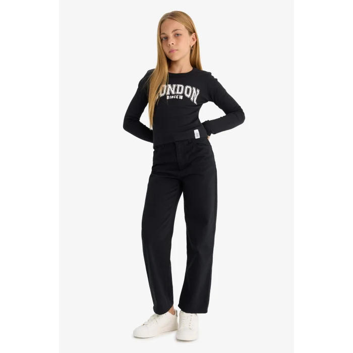 Defacto C9471A8BK27 Siyah Kız Çocuk Straight Fit Geniş Bol Paça Cepli Pamuklu Okul Pantolonu