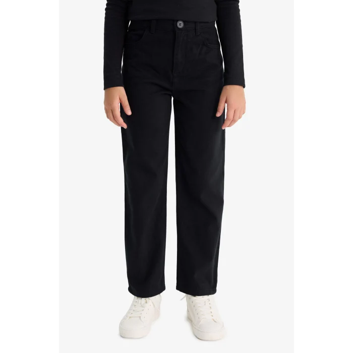 Defacto C9471A8BK27 Siyah Kız Çocuk Straight Fit Geniş Bol Paça Cepli Pamuklu Okul Pantolonu