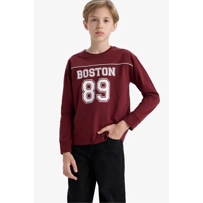 Defacto F2708A8BR194 Bordo Erkek Çocuk Bisiklet Yaka Baskılı Uzun Kollu Okul Tişörtü