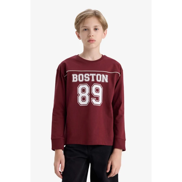 Defacto F2708A8BR194 Bordo Erkek Çocuk Bisiklet Yaka Baskılı Uzun Kollu Okul Tişörtü