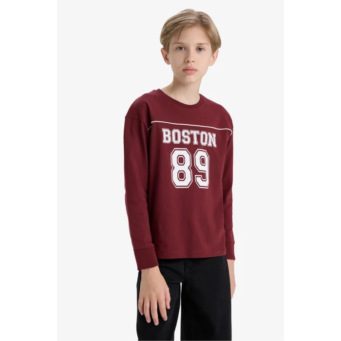 Defacto F2708A8BR194 Bordo Erkek Çocuk Bisiklet Yaka Baskılı Uzun Kollu Okul Tişörtü