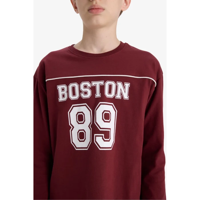 Defacto F2708A8BR194 Bordo Erkek Çocuk Bisiklet Yaka Baskılı Uzun Kollu Okul Tişörtü