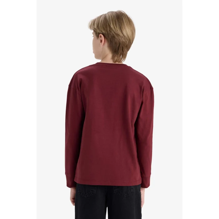 Defacto F2708A8BR194 Bordo Erkek Çocuk Bisiklet Yaka Baskılı Uzun Kollu Okul Tişörtü