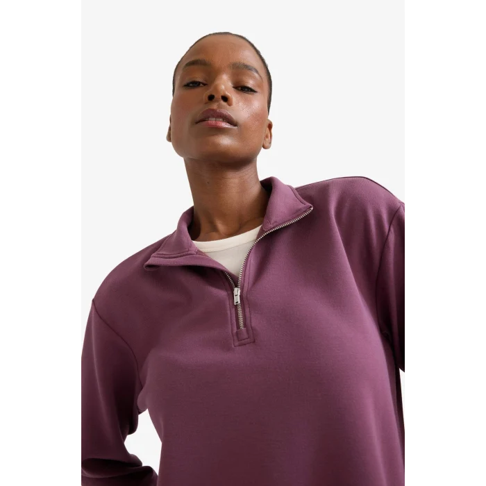 Defacto D7126AXBR492 Bordo DeFactoFit Oversize Geniş Kalıp Yarım Fermuarlı Dik Yaka Modal Sweatshirt