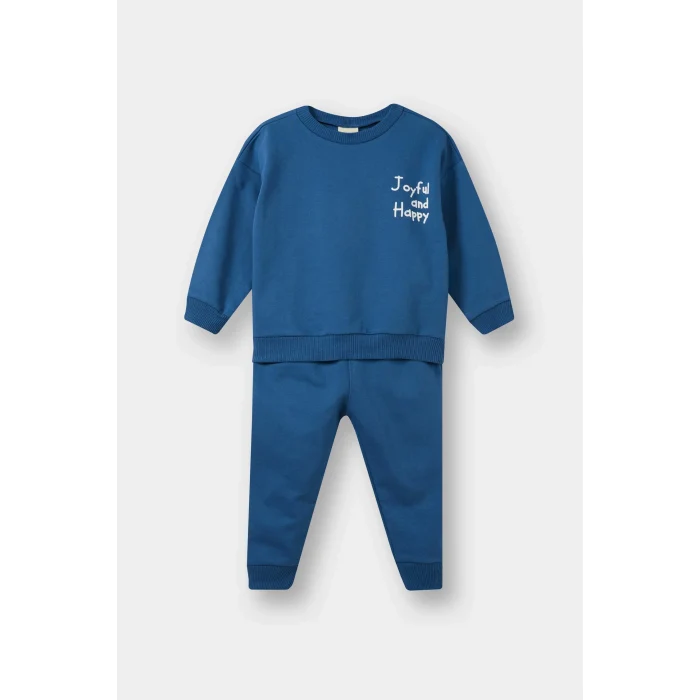 Defacto E8990A5BE376 Mavi Erkek Bebek 2li Takım Baskılı Sweatshirt Eşofman Altı
