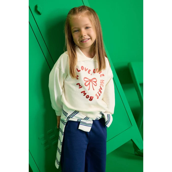 Defacto F3744A5NV42 Lacivert Kız Bebek 2li Takım Baskılı İçi Yumuşak Tüylü Okul Sweatshirt Eşofman Altı