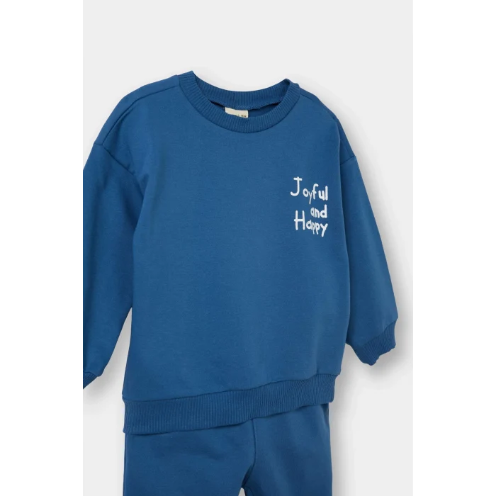 Defacto E8990A5BE376 Mavi Erkek Bebek 2li Takım Baskılı Sweatshirt Eşofman Altı