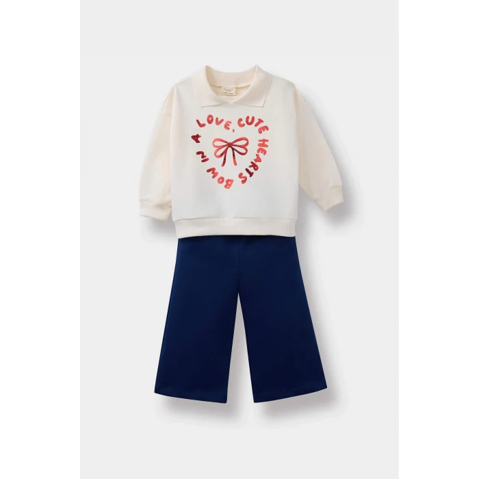 Defacto F3744A5NV42 Lacivert Kız Bebek 2li Takım Baskılı İçi Yumuşak Tüylü Okul Sweatshirt Eşofman Altı
