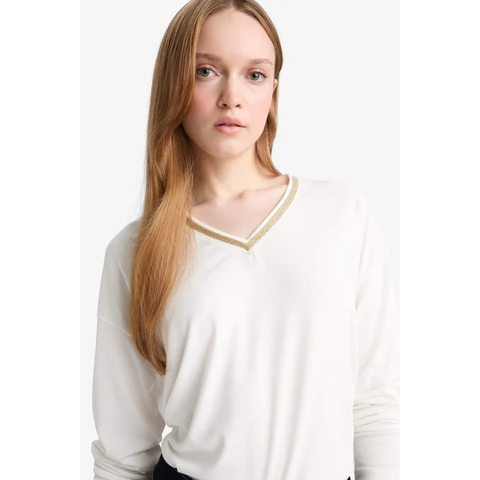 Defacto G0210AXER105 Ekru Regular Fit V Yaka Uzun Kollu Tişört