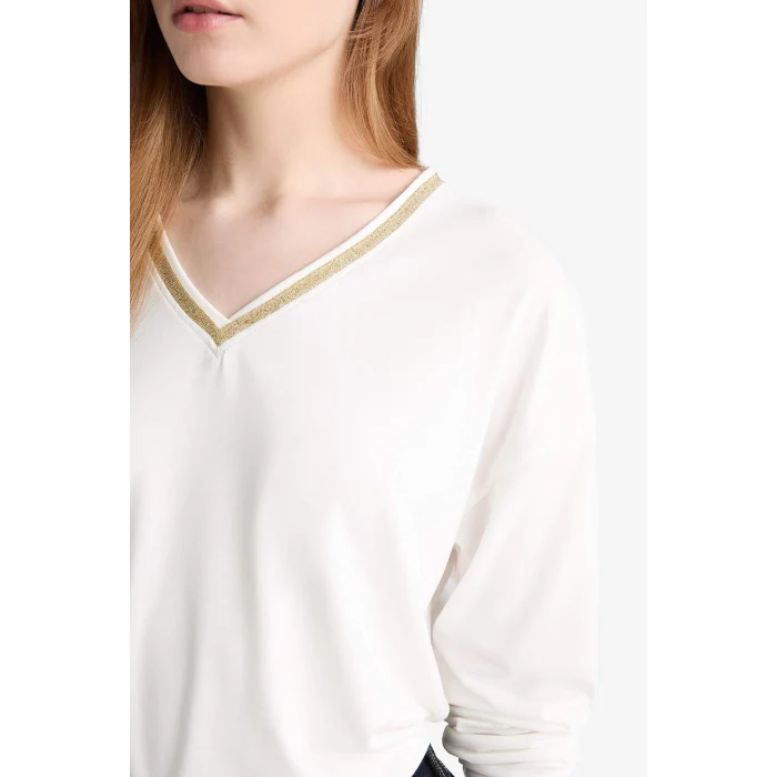 Defacto G0210AXER105 Ekru Regular Fit V Yaka Uzun Kollu Tişört