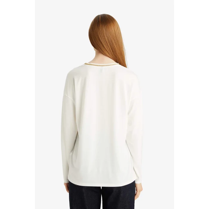 Defacto G0210AXER105 Ekru Regular Fit V Yaka Uzun Kollu Tişört