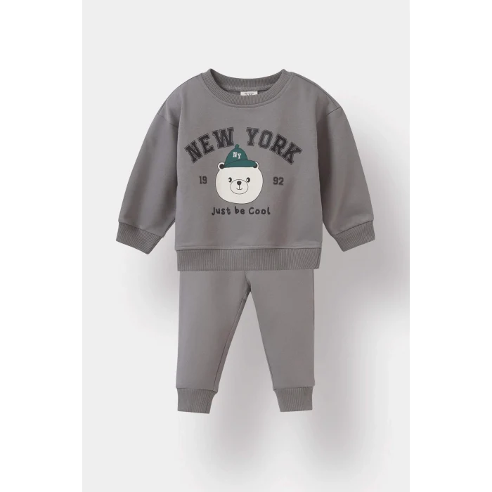 Defacto E8994A5GR454 Gri Erkek Bebek 2li Takım Baskılı Sweatshirt Eşofman Altı