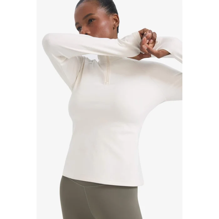 Defacto B0811AXER105 Ekru DeFactoFit Standart Fit Dik Yaka Fermuarlı İçi Yumuşak Tüylü Sporcu Uzun Kollu Tişört