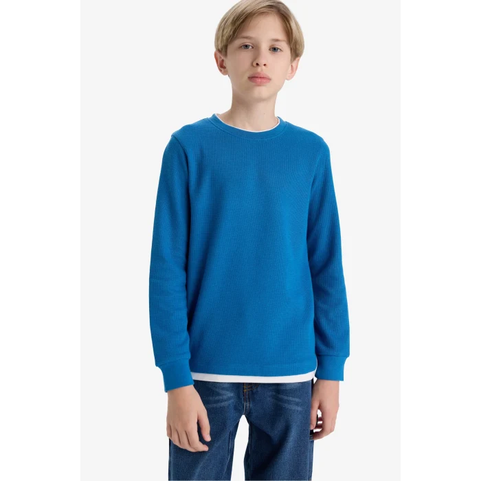 Defacto V1186A6IN142 İndigo Erkek Çocuk Bisiklet Yaka Basic Düz Waffle Uzun Kollu Okul Tişörtü