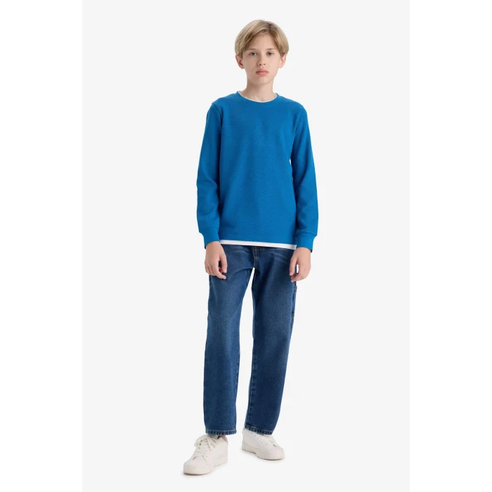 Defacto V1186A6IN142 İndigo Erkek Çocuk Bisiklet Yaka Basic Düz Waffle Uzun Kollu Okul Tişörtü
