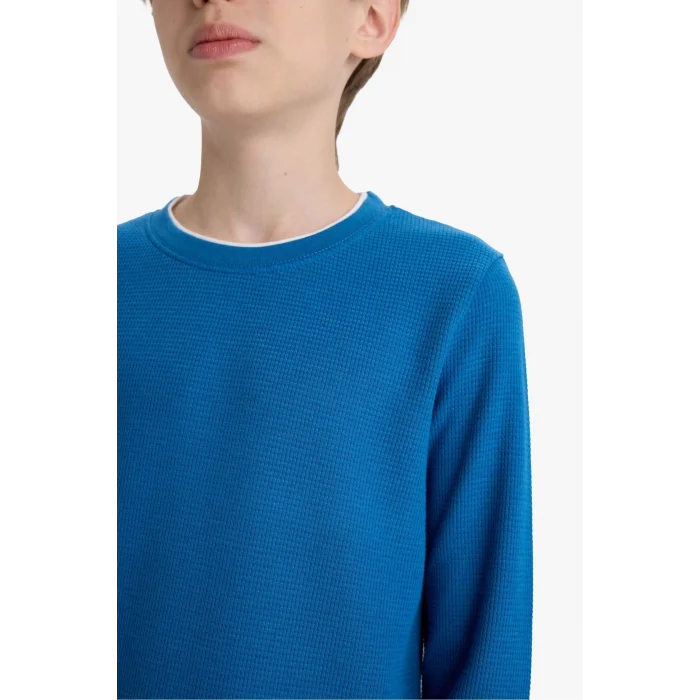 Defacto V1186A6IN142 İndigo Erkek Çocuk Bisiklet Yaka Basic Düz Waffle Uzun Kollu Okul Tişörtü