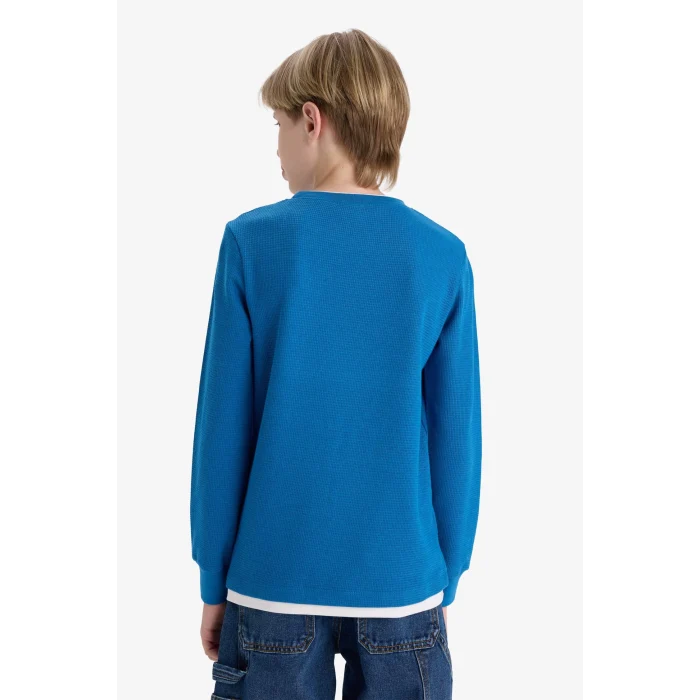 Defacto V1186A6IN142 İndigo Erkek Çocuk Bisiklet Yaka Basic Düz Waffle Uzun Kollu Okul Tişörtü