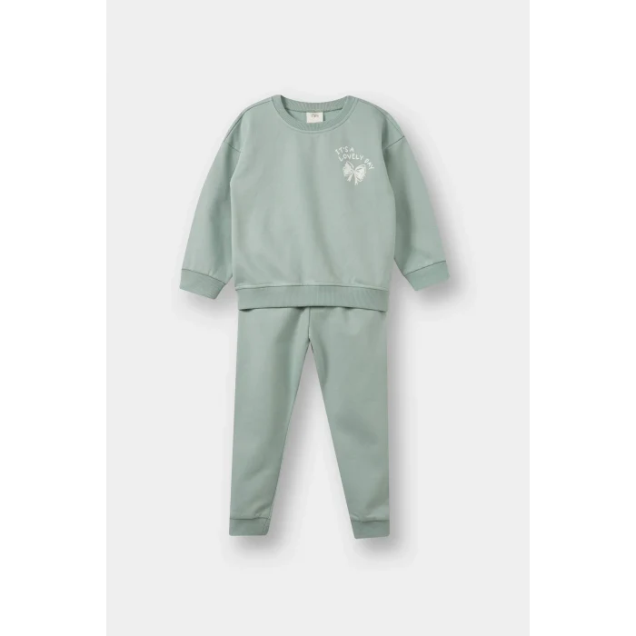 Defacto E8995A5GN50 Yeşil Kız Bebek 2li Takım İçi Yumuşak Tüylü Baskılı Sweatshirt Eşofman Altı