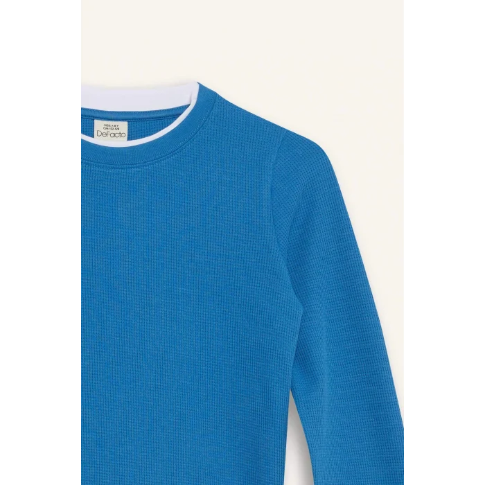 Defacto V1186A6IN142 İndigo Erkek Çocuk Bisiklet Yaka Basic Düz Waffle Uzun Kollu Okul Tişörtü