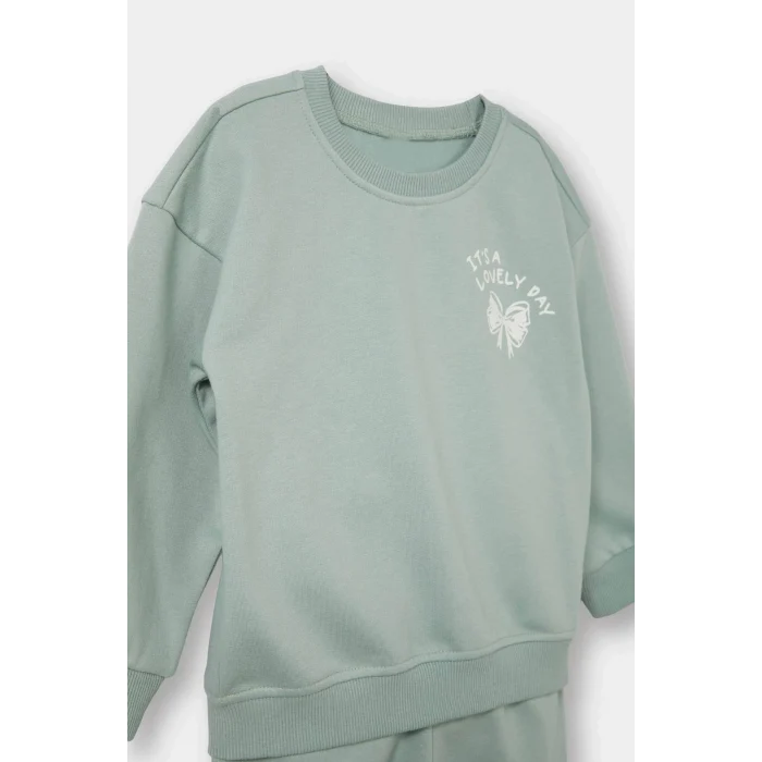 Defacto E8995A5GN50 Yeşil Kız Bebek 2li Takım İçi Yumuşak Tüylü Baskılı Sweatshirt Eşofman Altı