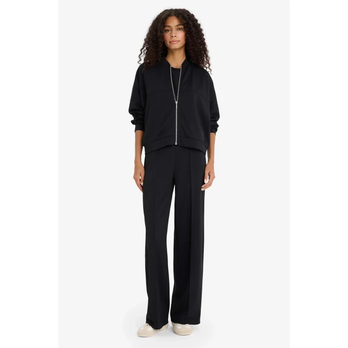 Defacto F1025AXBK81 Siyah Kolej Yaka Fermuarlı Yumuşak Dokulu Modal Bomber Hırka