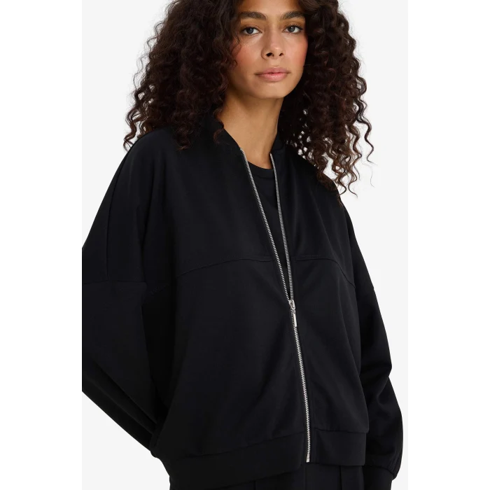 Defacto F1025AXBK81 Siyah Kolej Yaka Fermuarlı Yumuşak Dokulu Modal Bomber Hırka