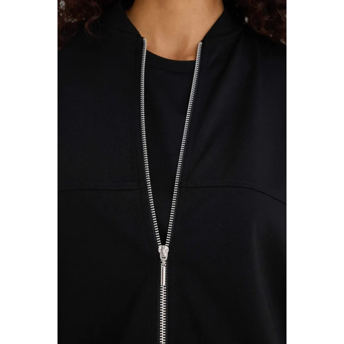 Defacto F1025AXBK81 Siyah Kolej Yaka Fermuarlı Yumuşak Dokulu Modal Bomber Hırka