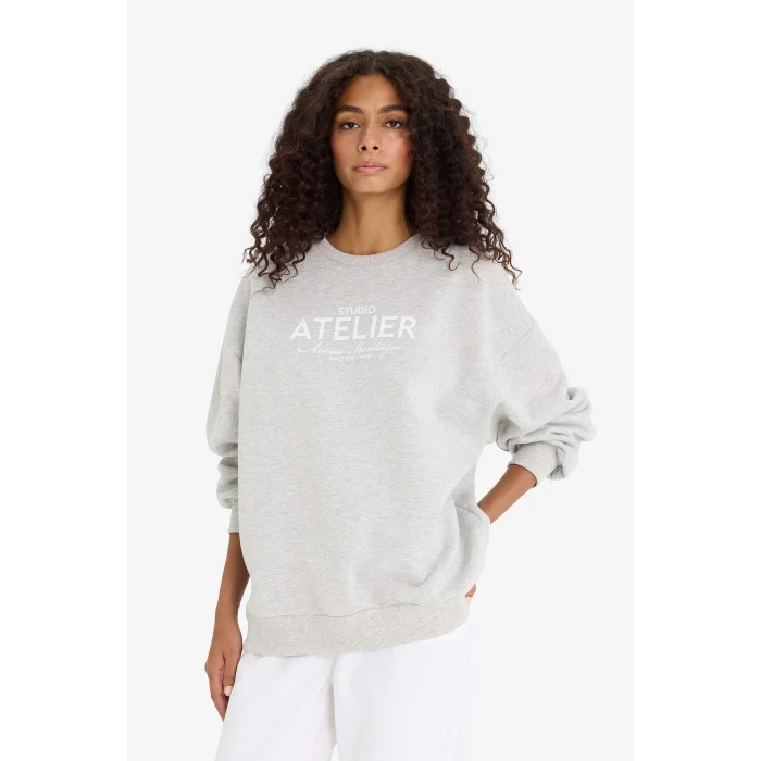Defacto F0274AXGR93 Gri Oversize Geniş Kalıp Bisiklet Yaka Baskılı Kalın Sweatshirt