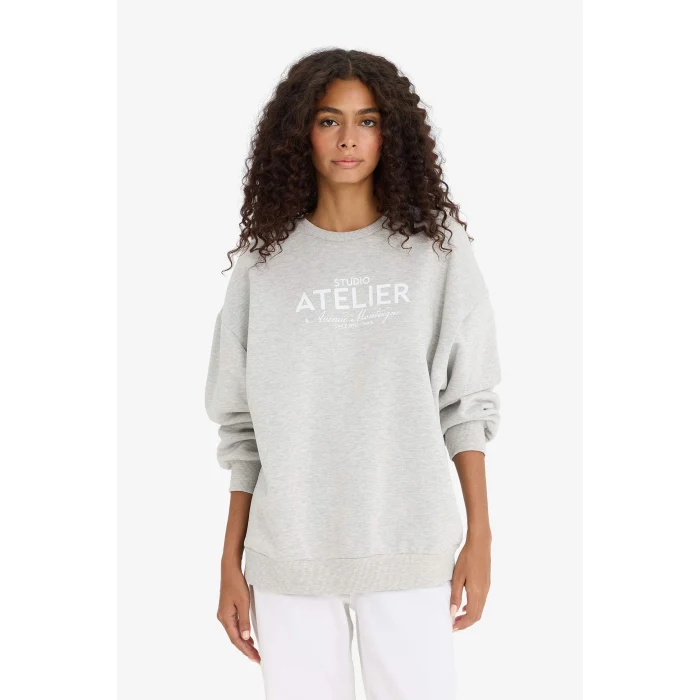 Defacto F0274AXGR93 Gri Oversize Geniş Kalıp Bisiklet Yaka Baskılı Kalın Sweatshirt