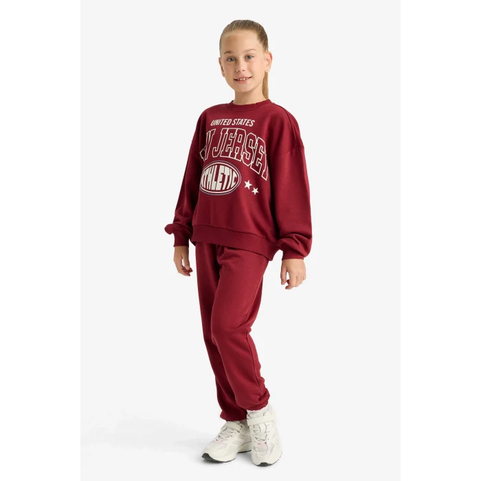 Defacto E6416A8BR281 Bordo Kız Çocuk 2li Takım Baskılı Sweatshirt Eşofman Altı