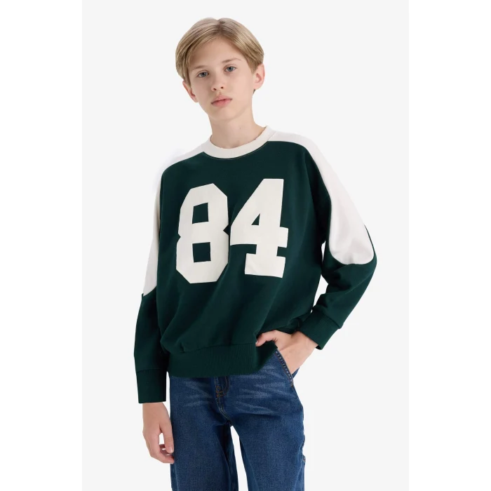 Defacto F2706A8GN1070 Yeşil Erkek Çocuk Oversize Geniş Kalıp Bisiklet Yaka Baskılı Okul Sweatshirt