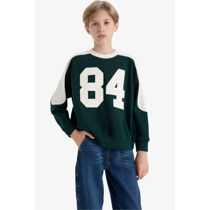Defacto F2706A8GN1070 Yeşil Erkek Çocuk Oversize Geniş Kalıp Bisiklet Yaka Baskılı Okul Sweatshirt