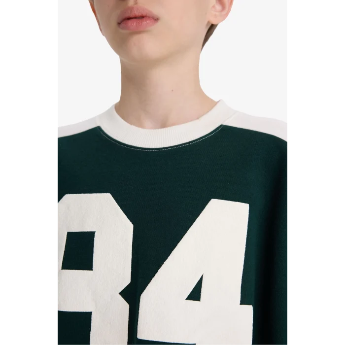 Defacto F2706A8GN1070 Yeşil Erkek Çocuk Oversize Geniş Kalıp Bisiklet Yaka Baskılı Okul Sweatshirt