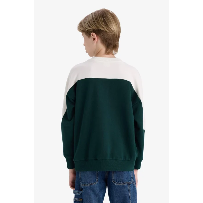 Defacto F2706A8GN1070 Yeşil Erkek Çocuk Oversize Geniş Kalıp Bisiklet Yaka Baskılı Okul Sweatshirt
