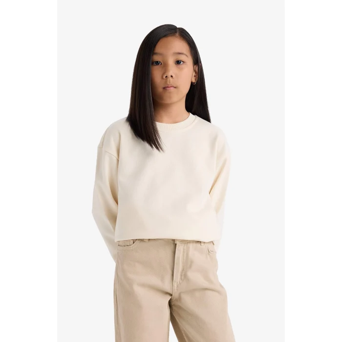 Defacto A2797A8ER134 Ekru Kız Çocuk Relax Fit Bisiklet Yaka Basic Düz Okul Sweatshirt