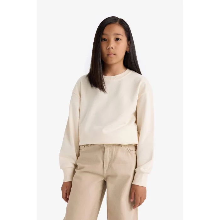 Defacto A2797A8ER134 Ekru Kız Çocuk Relax Fit Bisiklet Yaka Basic Düz Okul Sweatshirt
