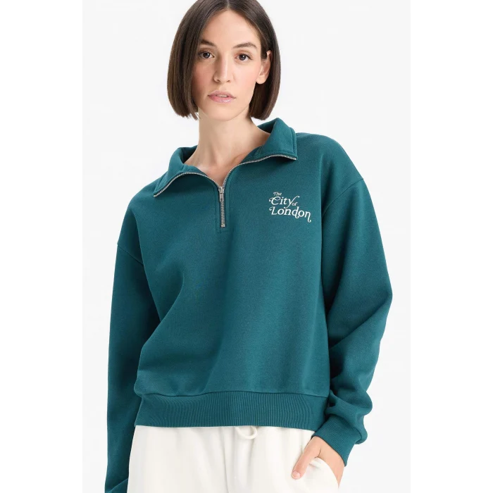Defacto F1067AXGN1040 Yeşil Regular Fit Yarım Fermuarlı Baskılı Kalın Sweatshirt