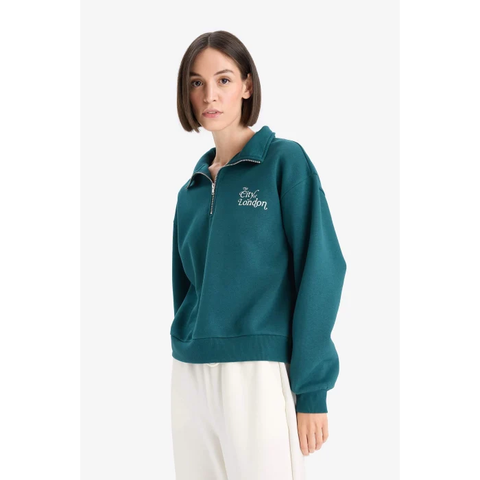 Defacto F1067AXGN1040 Yeşil Regular Fit Yarım Fermuarlı Baskılı Kalın Sweatshirt