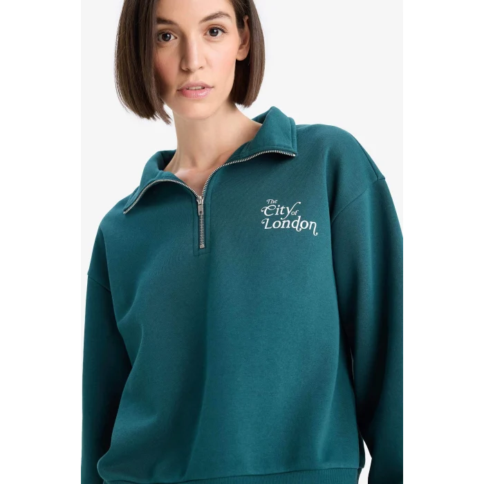 Defacto F1067AXGN1040 Yeşil Regular Fit Yarım Fermuarlı Baskılı Kalın Sweatshirt