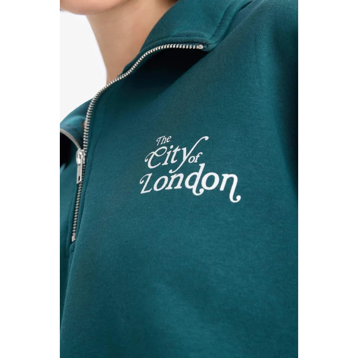 Defacto F1067AXGN1040 Yeşil Regular Fit Yarım Fermuarlı Baskılı Kalın Sweatshirt