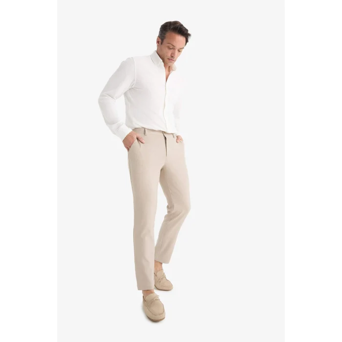 Defacto C7508AXBG766 Bej Tailored Fit Düz Paça Her Yöne Esneyen Yumuşak Tuşe Cepli Pantolon