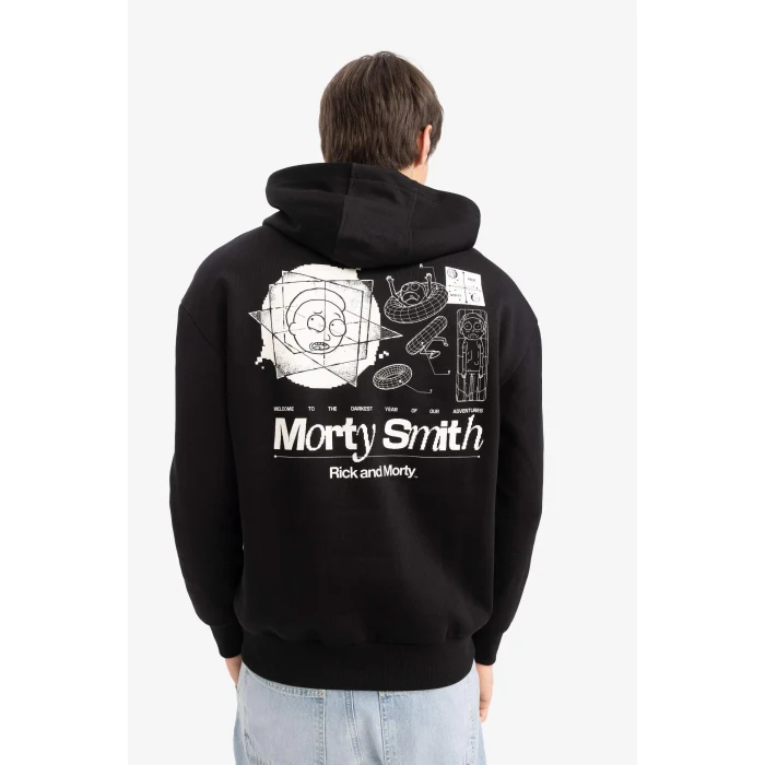 Defacto E9295AXBK81 Siyah Rick and Morty Boxy Fit Kapüşonlu Sırt Baskılı Sweatshirt