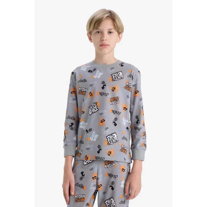 Defacto F1892A8GR265 Gri Erkek Çocuk Pijama Takımı Desenli Uzun Kollu Üst Uzun Alt